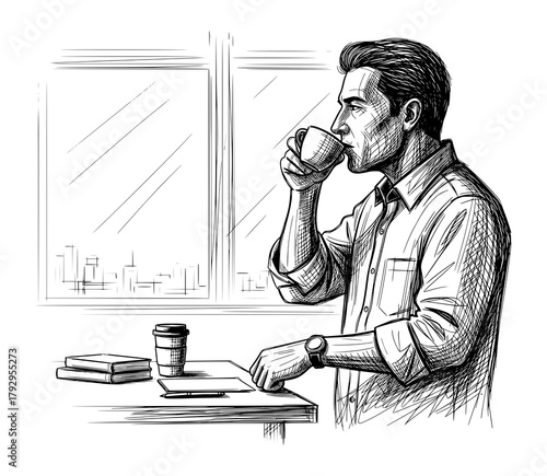 Man Drinking Coffee by a Window in Hand-Drawn Sketch Style. Vector Illustration for Mindfulness Concept.