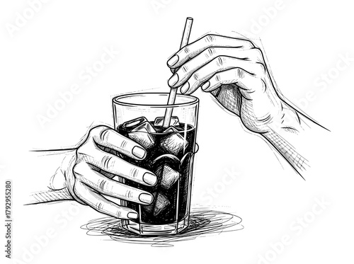 Hand-Drawn Illustration of Hands Holding an Iced Drink in Classic Sketch Style. Vector Artwork for Refreshment and Mindful Living.