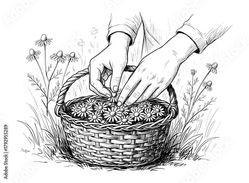 Hand-Drawn Harvest of Chamomile Flowers in Botanical Illustration. Vector Art for Wellness and Herbalism Concepts.