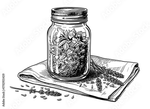 Mason Jar with Dried Herbs in Vintage Engraved Style. Vector Illustration for Herbalism and Slow Living.