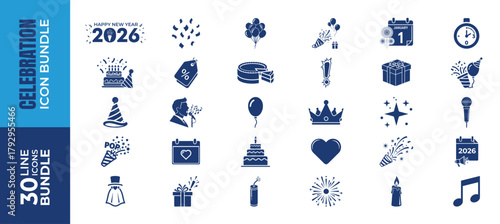 Collection of 30 blue celebration and new year 2026 icons
