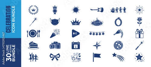 Collection of 30 celebration and party icons isolated on white background