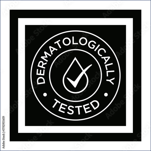 Dermatologically tested badge with drop and checkmark on a black background