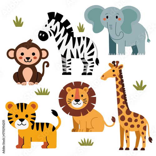 Cute African animals set isolated on white background. Jungle doodles cartoon style. Vector stock