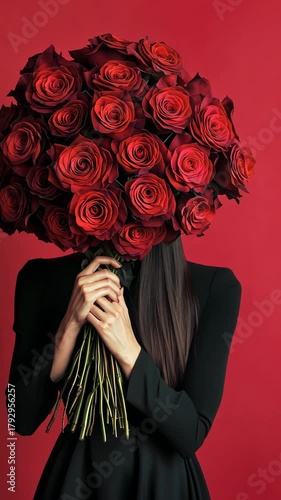 woman with red roses on red background. Love.