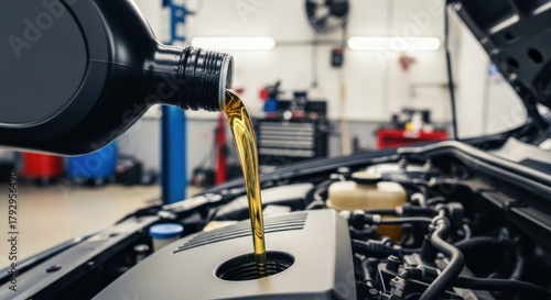 A car engine being serviced with oil being poured into it.
