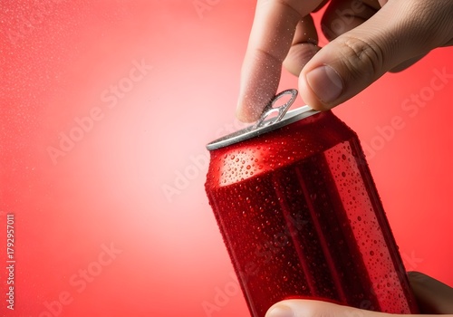 Refreshing Beverage A Hand Opening a Red Can with Water Droplets Against a Vivid Crimson Backdrop