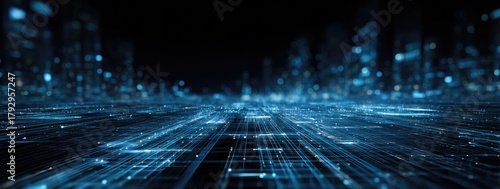 Digital cityscape with glowing blue lines and blurred structures