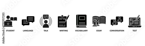 English class banner web icon vector illustration foricon of student, language, talk, writing, vocabulary, essay, conversation, test