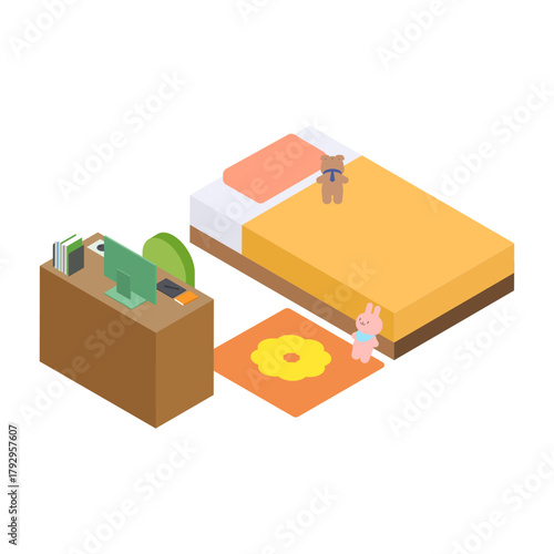 中学・高校生の女の子の部屋（シングルベッド・学習机）のアイソメトリック素材