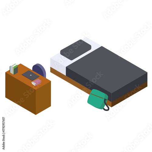 高校生男子の部屋（デスク・シングルベッド）のアイソメトリック素材