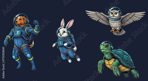 Adorable dog, bunny, owl, and turtle astronauts explore the cosmos in vibrant, playful space suits