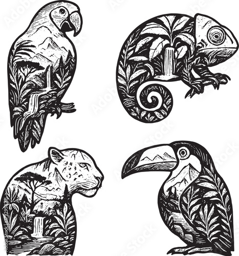 Jungle Animals Double Exposure Vector Illustration.eps