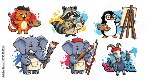 Delightful animal artists painting, sketching, and spray painting with vibrant colors and creative energy