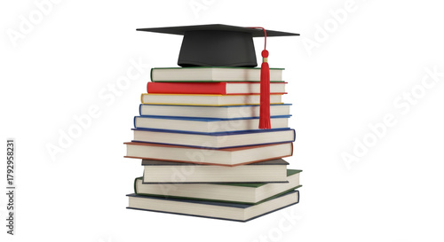 Graduation cap on books stack education and learning concept on transparent background