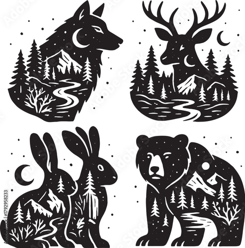 Northern Animals Double Exposure Vector Illustration eps.eps