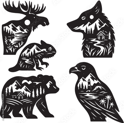 Iconic North American Animals Double Exposure Vector Illustration.eps