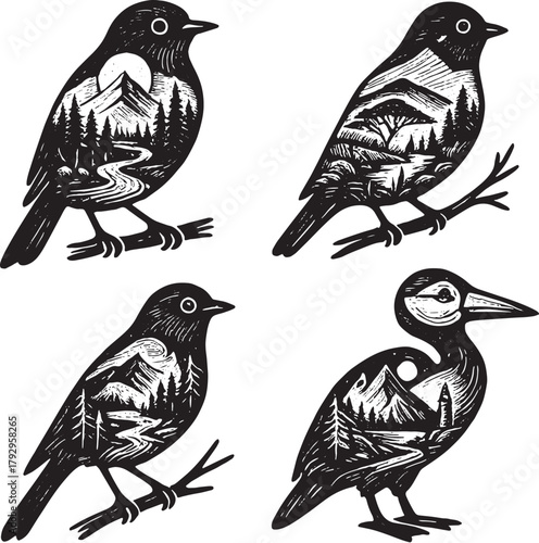 Songbirds Double Exposure Vector Illustration.eps