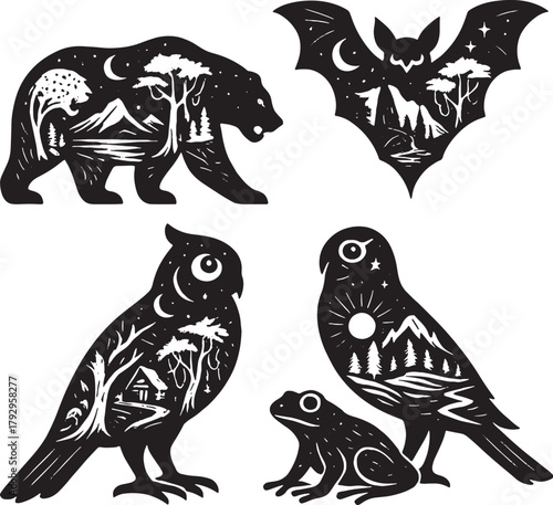 Tropical Nocturnal Animals Double Exposure Vector Illustration.eps