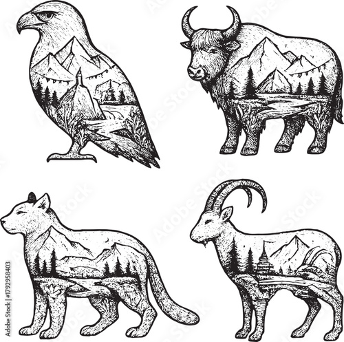 Mountain Species Double Exposure Vector Illustration.eps