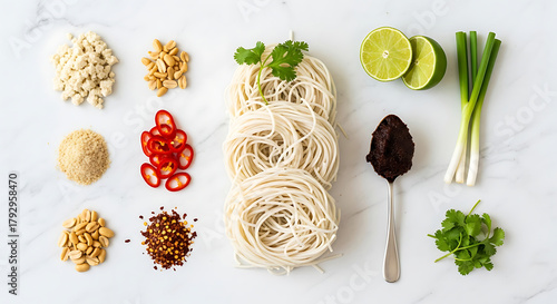 Overhead shot of noodles surrounded by ingredients like peanuts, chili, lime, and green onions on a white surface.