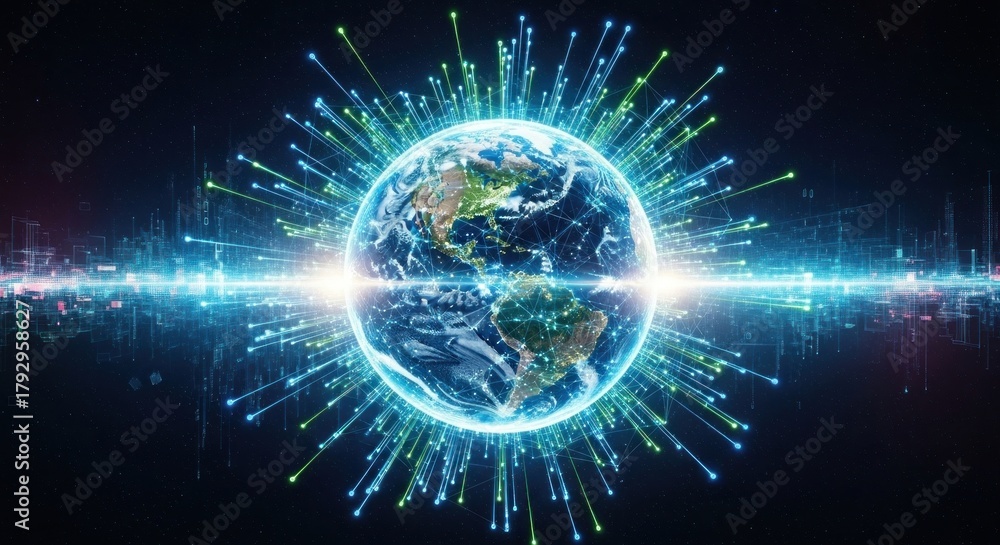 Fototapeta premium A vibrant, futuristic Earth globe with a digital network of connections and data streams emanating from it.