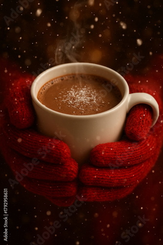 Christmas winter scene. Close up of hands holding a cup of hot chocolate. Red gloves. Warmth, love, holidays, winter holiday