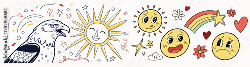 Happy Emblems: A charming, hand-drawn arrangement of whimsical elements, including an eagle, smiley faces, sun, rainbow, stars, and hearts, conveying positivity and delight.
