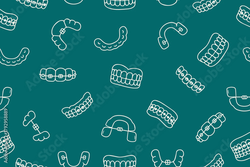  Seamless vector illustration featuring various orthodontic devices and braces in a repeating pattern. Ideal for dental themes, educational materials, and healthcare design projects.