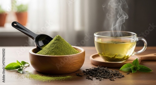 Matcha green tea powder and a steaming cup of tea on a wooden table.