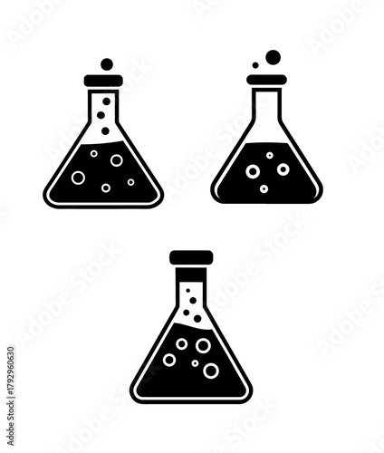 Illustration of three erlenmeyer flasks with bubbling liquid perfect for science, chemistry, or laboratory themed designs and educational materials