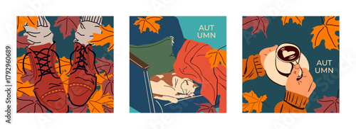 Bright cover, card, poster: boots in fallen leaves, a sleeping cat under a blanket, a hand in a sweater with a cup of coffee, autumn leaves. Cozy vector illustration. Square format, warm colors.