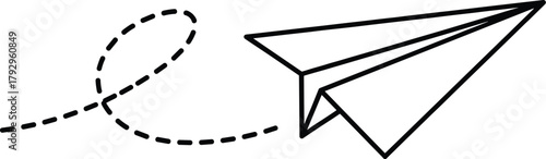 Minimalist Paper Airplane Illustration with Curved Flight Path Symbolizing Creativity, Freedom, Motion, Communication, Simplicity, Exploration, and Imaginative Travel Concept
