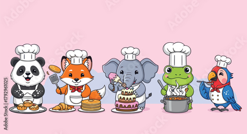 Adorable cartoon chefs, a panda, fox, elephant, frog, and parrot, joyfully prepare delicious treats and meals in a vibrant kitchen setting