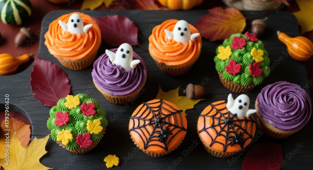 Fototapeta premium Halloween cupcakes with ghost decorations on a dark background.