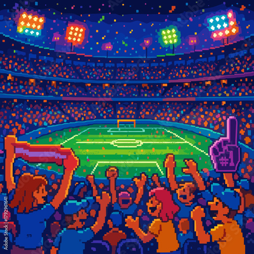 Pixel art soccer stadium filled with cheering fans and vibrant lights for sports illustration