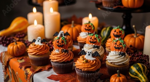Halloween cupcakes with pumpkins, ghosts, and bats on top.