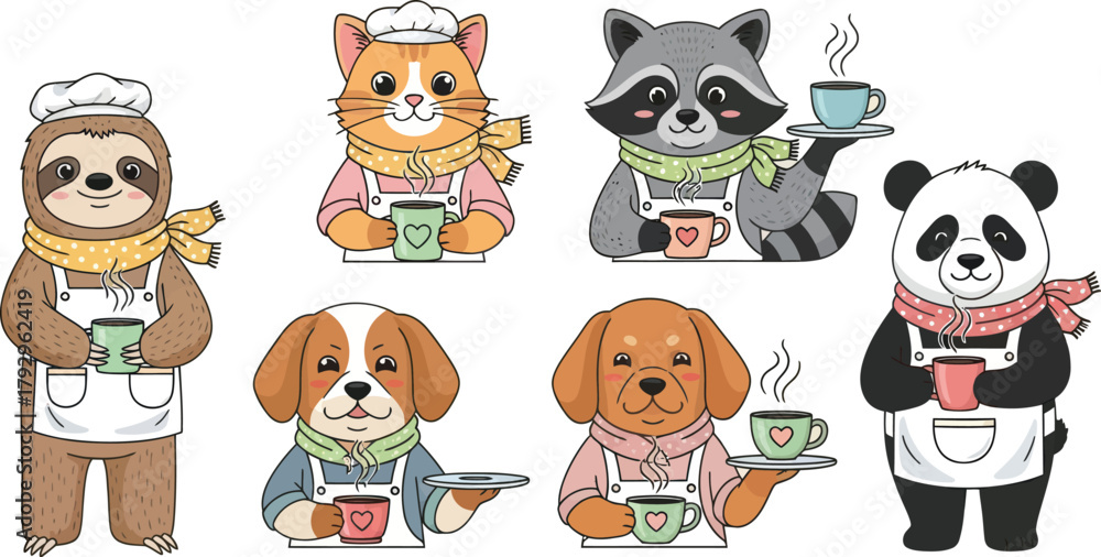 Naklejka premium Charming cartoon animals like a sloth, cat, raccoon, panda, and dogs dressed as baristas serving hot drinks with steaming cups in a delightful scene.