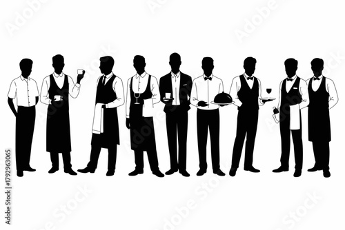 Waiters in uniform holding drinks and dishes, standing in line, vector illustration ideal for restaurant, café, hospitality, catering, and service industry design projects