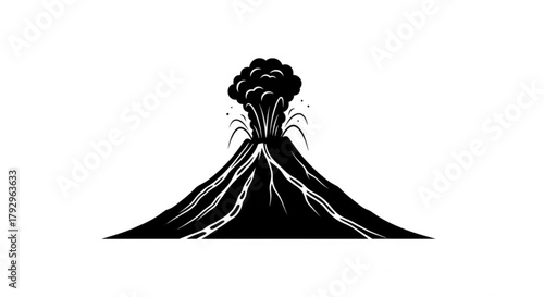 Illustration of a volcano erupting with smoke and lava in black and white simple vector design