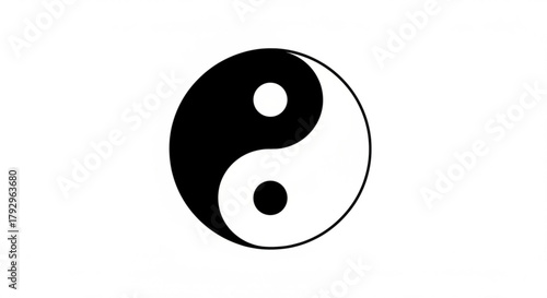 Yin yang symbol with black and white halves and contrasting dots representing balance and harmony on white