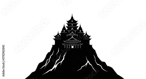 Silhouette of a tiered asian building atop a mountain with jagged edges in black and white style