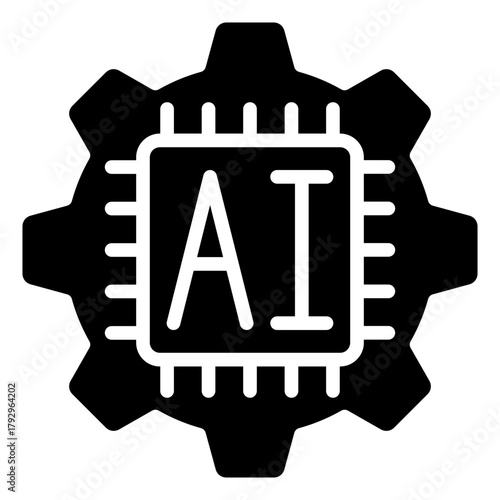 AI Gear Glyph Black Silhouette Icon Design Vector - Gear combined with an AI chip, representing smart automation, machine learning, and intelligent systems