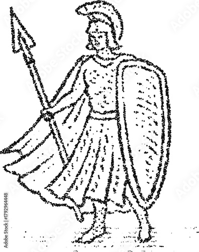 Greek hoplite warrior with spear and shield, vintage stipple dotwork vector illustration, monochrome engraving style ancient soldier