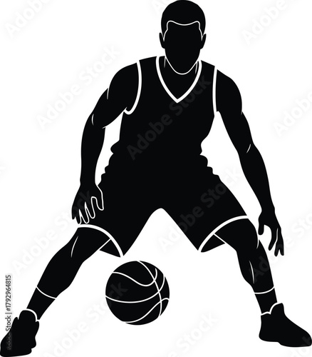 Silhouette of a basketball player dribbling the ball on a white background