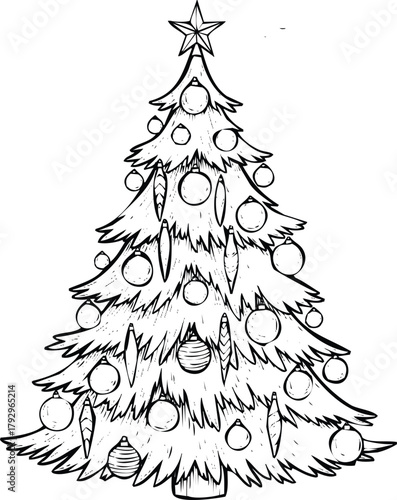 Black and white drawing of a decorated christmas tree engraving art design