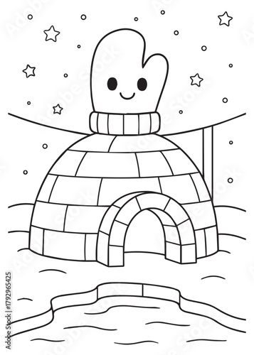 coloring book cute winter glove standing on a snowy igloo under a starry winter night sky