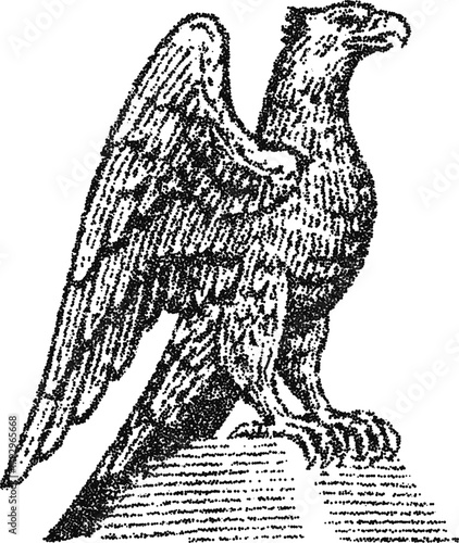 Eagle perched with wings folded on sphere, vintage stipple dotwork vector illustration, monochrome engraving style heraldic raptor
