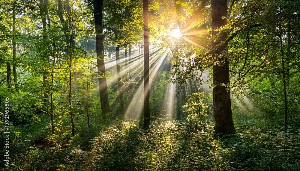 Obraz premium sunlight streams through lush forest canopy