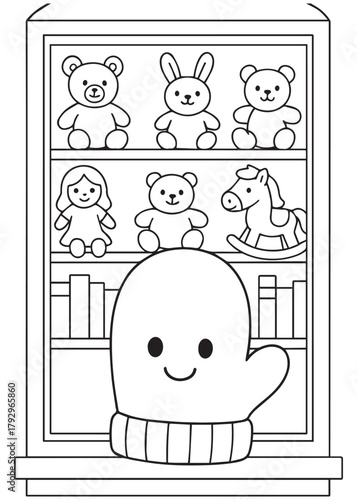 coloring book adorable winter glove sitting on a toy shelf with plush dolls and books in a cozy room